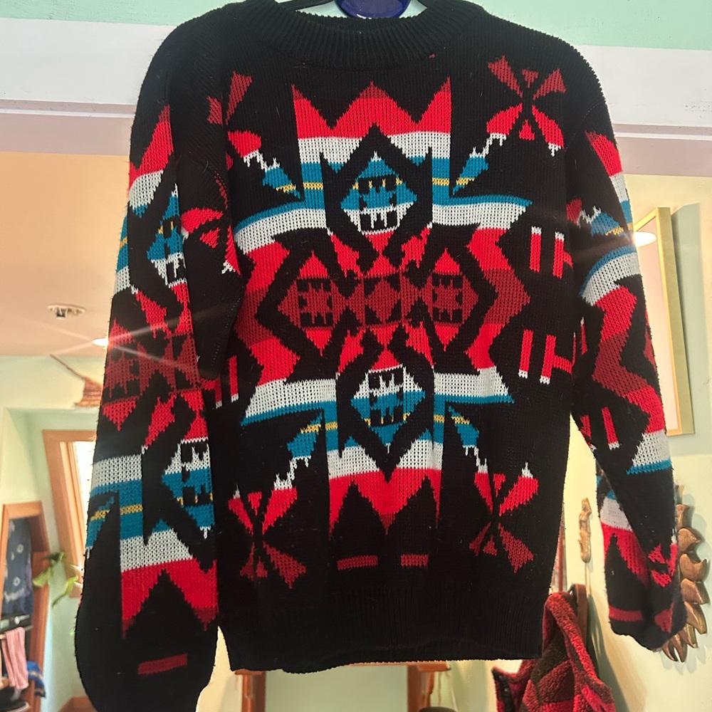 Geometric Patterned Sweater - Black, Red, Blue